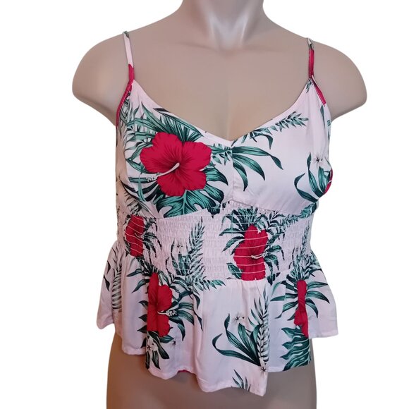 NWOT Modern Guess Floral Cami Crop Top Smocked Peplum Tropical Vacation Beach M - Picture 1 of 16